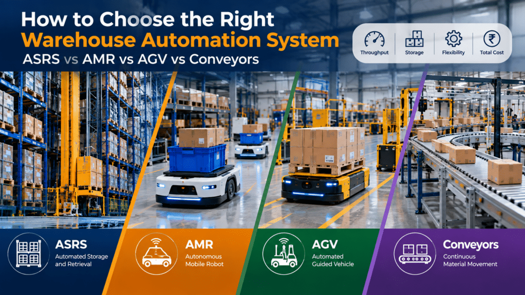 Comparison of warehouse automation systems including ASRS, AMR, AGV and conveyors in a modern warehouse