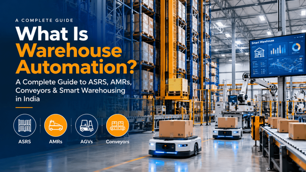 Warehouse automation in India featuring ASRS racks, AMRs, AGVs, conveyors and smart warehousing systems